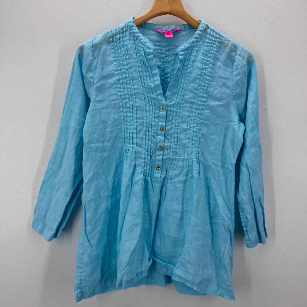 Lilly Pulitzer Sarasota Tunic Top Linen Blue Mandevilla Coastal Preppy Casual S
